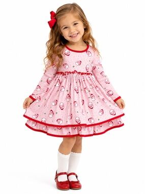 Serendipity Pink Santa Print Holiday twirl Dress for Kids